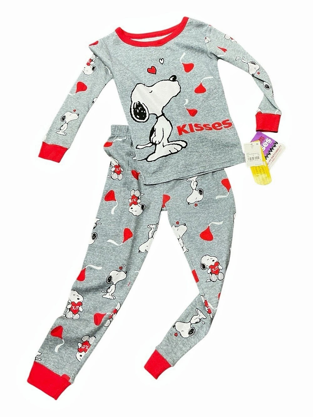 Peanuts Snoopy Kisses Pajama Set Kids Gray & Red NWT